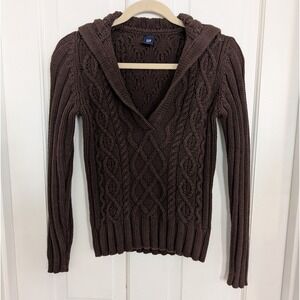 VTG 03 GAP Cable Knit Sweater SMALL Y2K Preppy Retro V-Neck Collar Cotton Brown